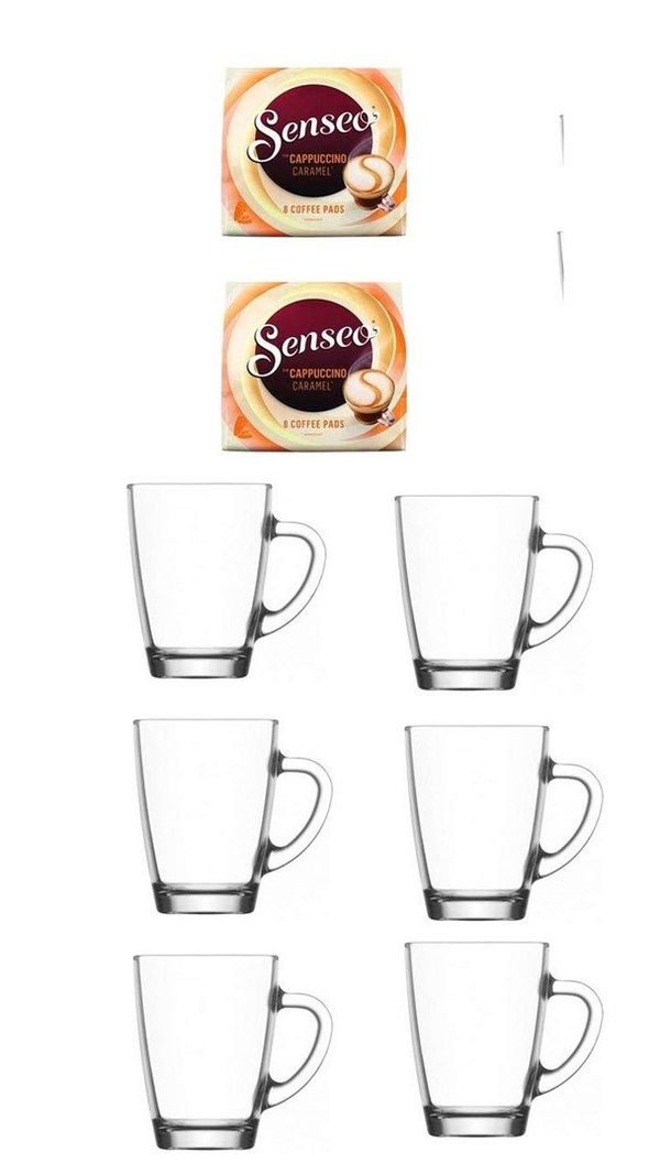 Senseo Kaffeepads Cappuccino Caramel 2er Pack + 6er Set Gläser mit Henkel 300ml …